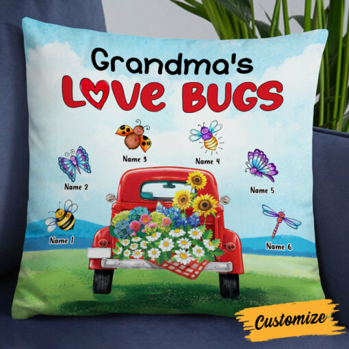 Personalized Mom Grandma Grandkids Love Bugs Pillow