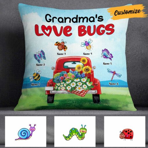 Personalized Mom Grandma Grandkids Love Bugs Pillow