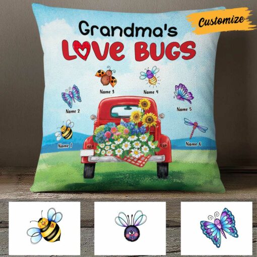 Personalized Mom Grandma Grandkids Love Bugs Pillow