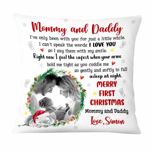 Personalized Mommy And Daddy First Christmas Photo Pillow