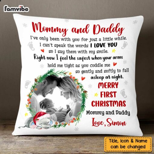 Personalized Mommy And Daddy First Christmas Photo Pillow