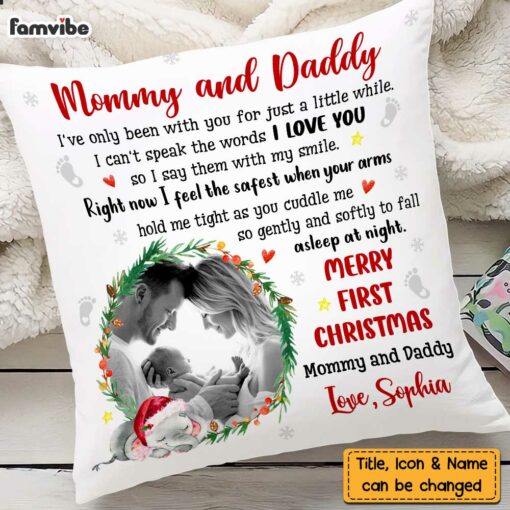 Personalized Mommy And Daddy First Christmas Photo Pillow