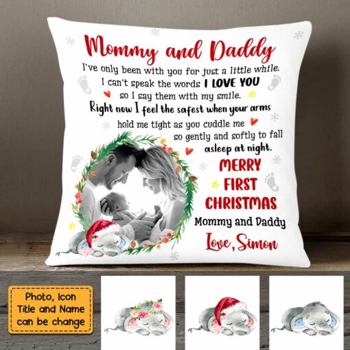 Personalized Mommy And Daddy First Christmas Photo Pillow