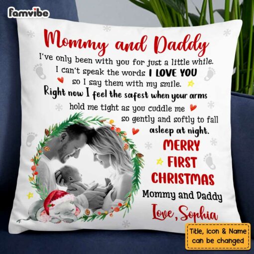 Personalized Mommy And Daddy First Christmas Photo Pillow