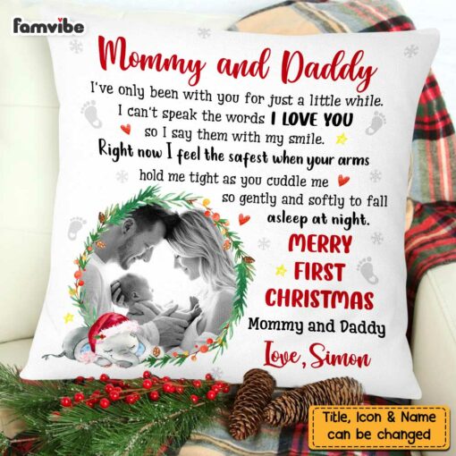 Personalized Mommy And Daddy First Christmas Photo Pillow