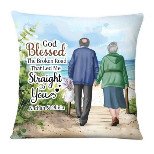 Personalized Old Couple Anniversary God Blessed The Broken Road Pillow