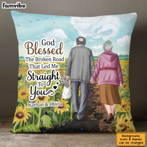 Personalized Old Couple Anniversary God Blessed The Broken Road Pillow