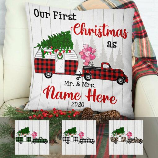 Personalized Red Truck Camper First Christmas Couple Pillow