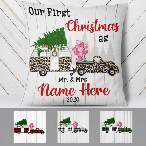 Personalized Red Truck Camper First Christmas Couple Pillow