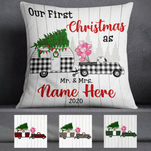 Personalized Red Truck Camper First Christmas Couple Pillow