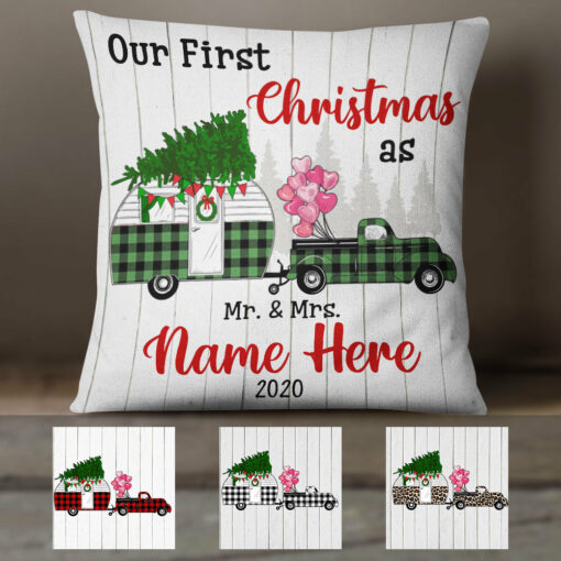 Personalized Red Truck Camper First Christmas Couple Pillow