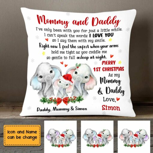 Personalized To Mommy Daddy From Baby First Christmas Elephant Pillow