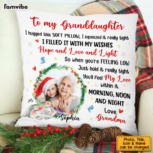 Personalized To My Granddaughter Elephant Christmas Photo Hug This Pillow