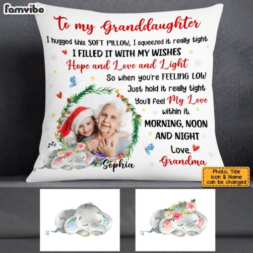 Personalized To My Granddaughter Elephant Christmas Photo Hug This Pillow