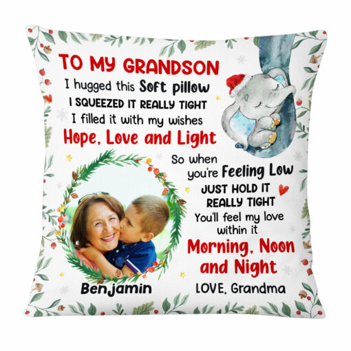 Personalized To My Grandson Elephant Hug This Christmas Photo Pillow