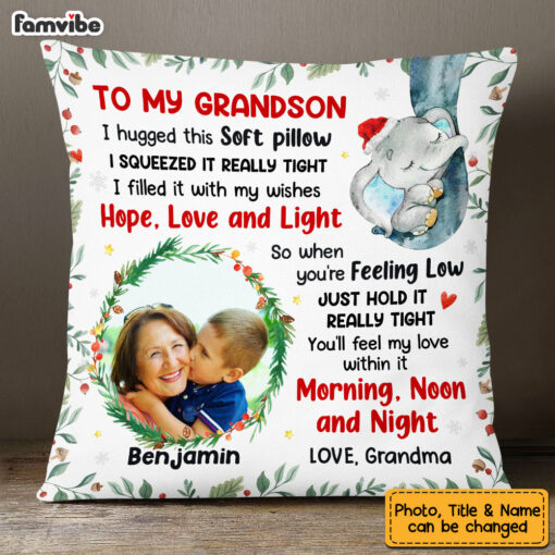 Personalized To My Grandson Elephant Hug This Christmas Photo Pillow