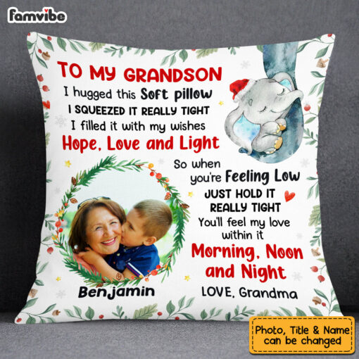 Personalized To My Grandson Elephant Hug This Christmas Photo Pillow