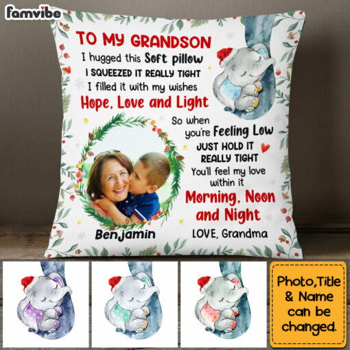 Personalized To My Grandson Elephant Hug This Christmas Photo Pillow