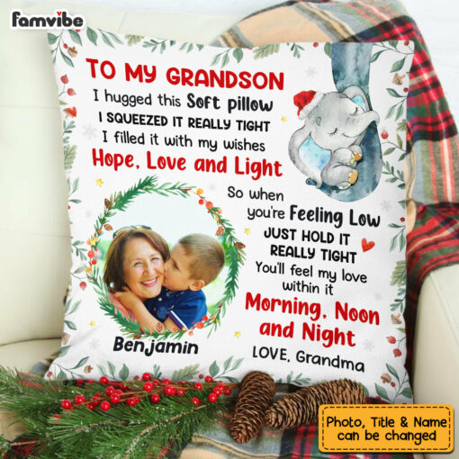 Personalized To My Grandson Elephant Hug This Christmas Photo Pillow