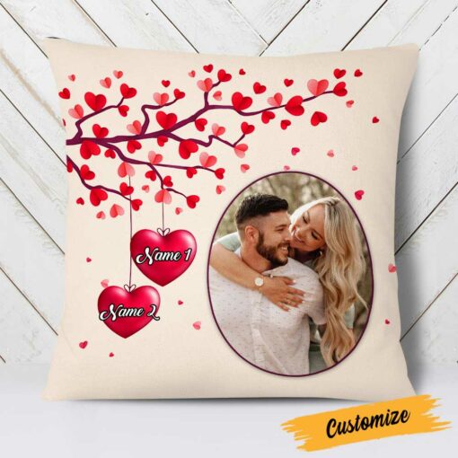 Personalized Valentine Couple Photo Heart Tree Pillow