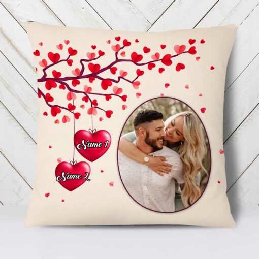 Personalized Valentine Couple Photo Heart Tree Pillow