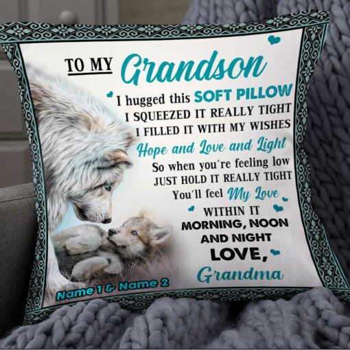 Personalized Wolf To My Grandson Hug This Pillow