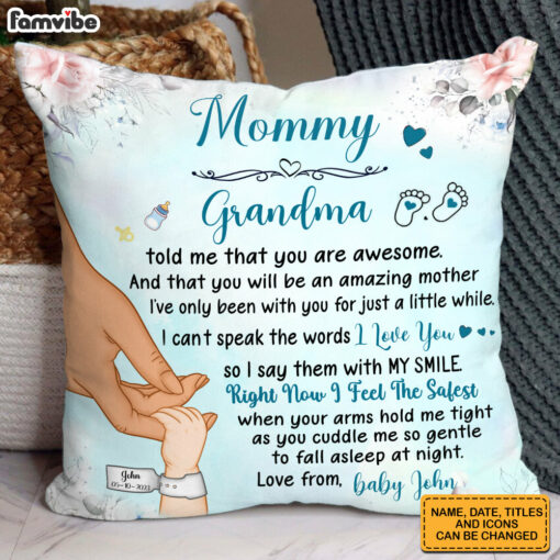 Personalized You Are Awesome Mommy Hand Holding Baby Pillow