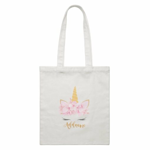 Pink Flower Garland Unicorn Face Addname White Canvas Bag