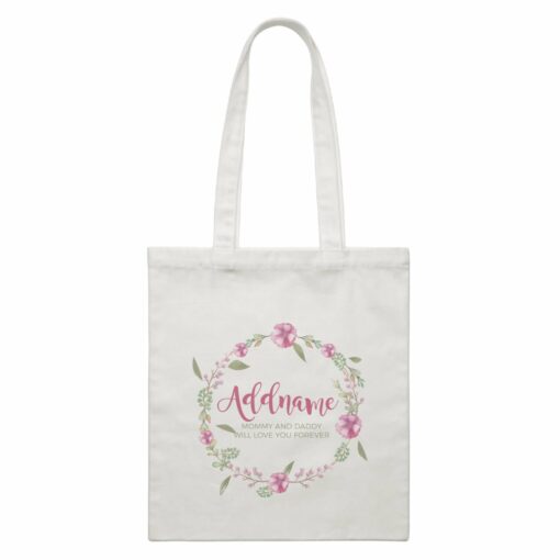 Pink Flower Wreath Personalizable with Name and Text White Canvas Bag