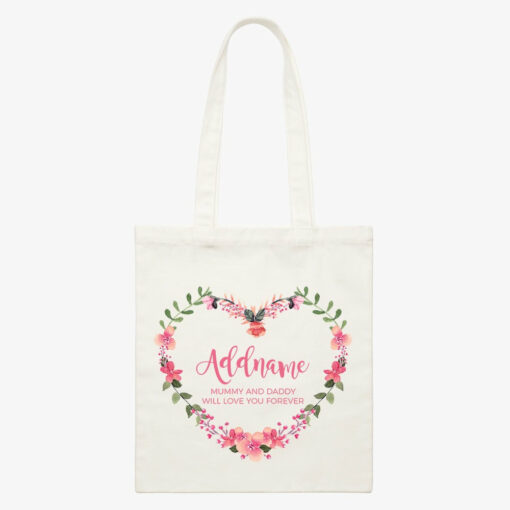 Pink Heart Shaped Flower Wreath Personalizable with Name and Text Canvas Bag