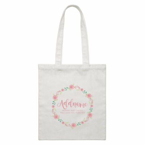 Pink Roses Wreath Personalizable with Name and Text White Canvas Bag