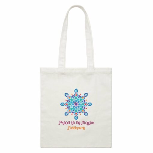 Proud To Be Muslim Blue Motifs Addname White White Canvas Bag