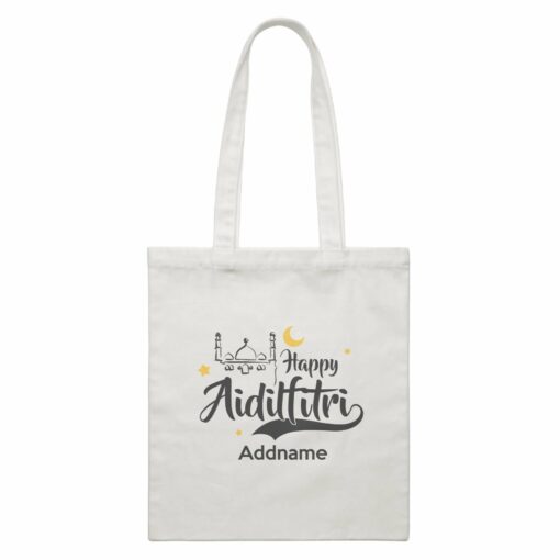 Raya Typography Doodle Mosque Happy Aidilfitri Addname White Canvas Bag