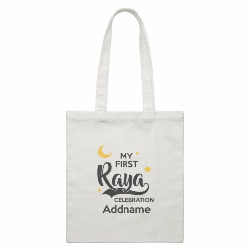 Raya Typography My First Raya Celebration Addname White Canvas Bag