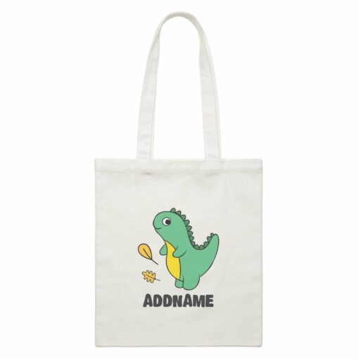 Super Cute Dinosaur With Yellow Leaves White Canvas Bag