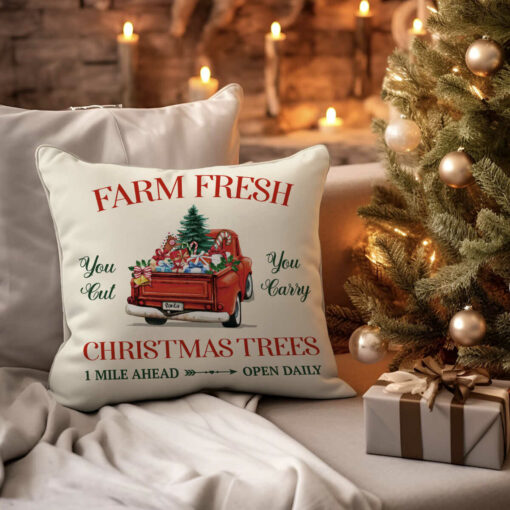 Farm Fresh Tree Pillow, Red Truck Christmas Pillow, Xmas Pillow