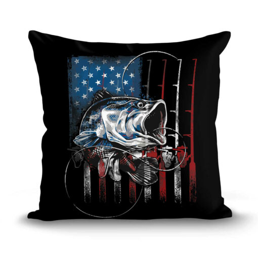 Fishing Pillow, Fishing Gift, Bass Fishing Gift, Best Gifts For Fisherman, Fishing American Flag Pillow, Fishing Presents