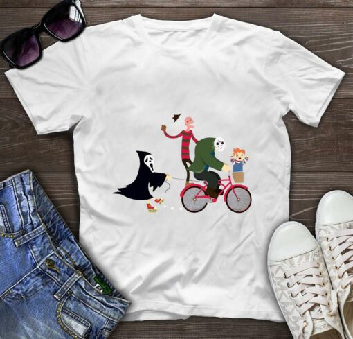 Horror Characters ride a bicycle t-shirt