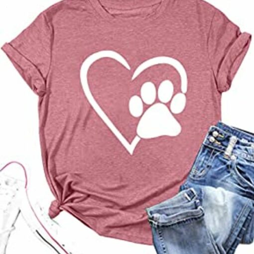 Paw Love Shirt Dog Lover Shirts for Women Paw Print Heart Tee Shirt Cute Dog Mom Short Sleeve Tee Tops