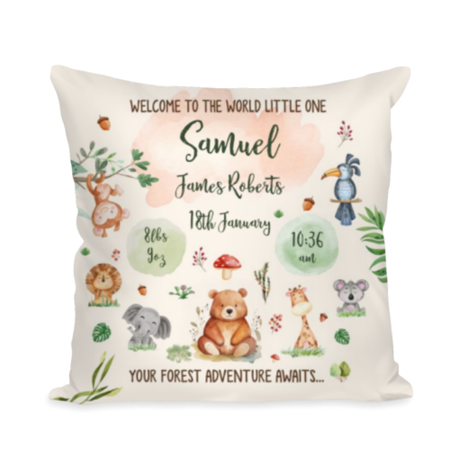 Personalised Birth Pillow, Christening Cushion, Forest Animals Pillow, Newborn Baby Pillow, 1st Birthday Gift, Nursery Decor