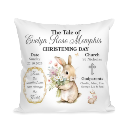 Rabbit Personalized Christening Keepsake Cushion, Custom Pillow for Baptism Day, Blessing Gift for Godchild