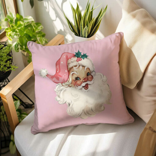 Retro Pink Santa Christmas Pillow, Pink Christmas Cushion, Retro Christmas Pillow, Vintage Holiday Pillows