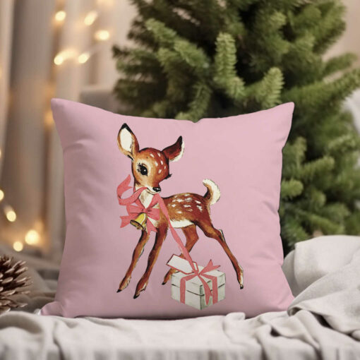 Retro Reindeer Pink Christmas Pillow, Baby Deer Pillow, Vintage Christmas Pillow