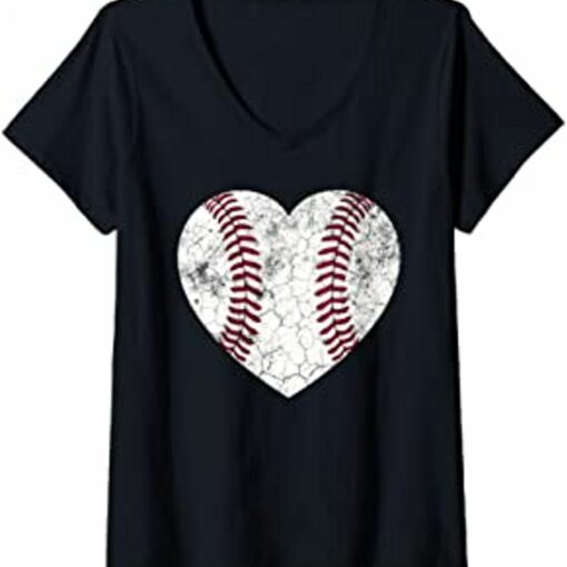 Womens Mother’s Day Gift Distressed Heart Baseball Heart Mom Mama V-Neck T-Shirt