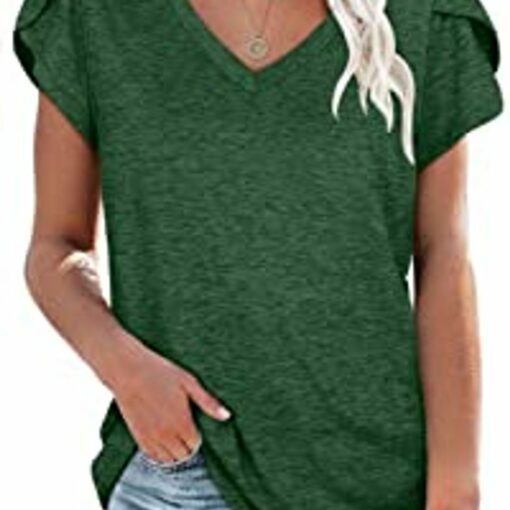 Womens Tops V Neck Summer Petal Sleeve Casual Tshirts