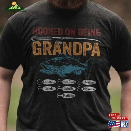 Personalize Custom Name Kids Hooked On Being Grandpa Fishing T-Shirt Classic Unisex