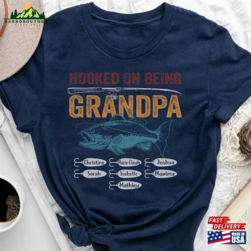 Personalize Custom Name Kids Hooked On Being Grandpa Fishing T-Shirt Classic Unisex