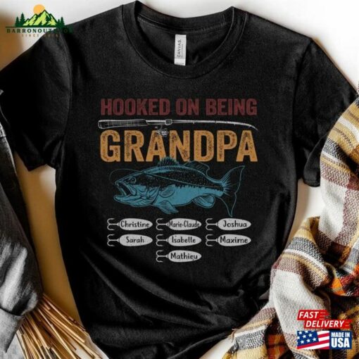 Personalize Custom Name Kids Hooked On Being Grandpa Fishing T-Shirt Classic Unisex