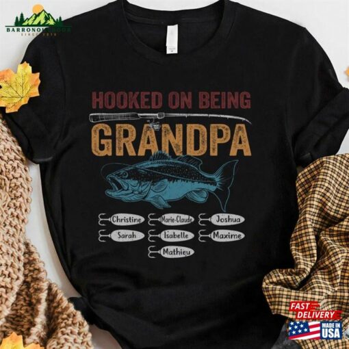 Personalize Custom Name Kids Hooked On Being Grandpa Fishing T-Shirt Classic Unisex