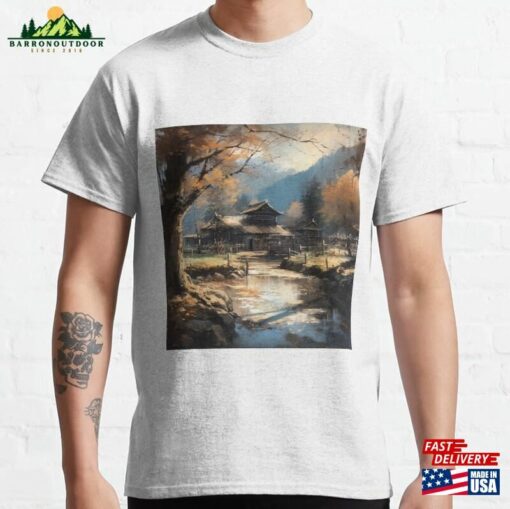 Realistic Painting Of Rural Japanese Building With Beautiful Scenery And River Classic T-Shirt Hoodie Sweatshirt